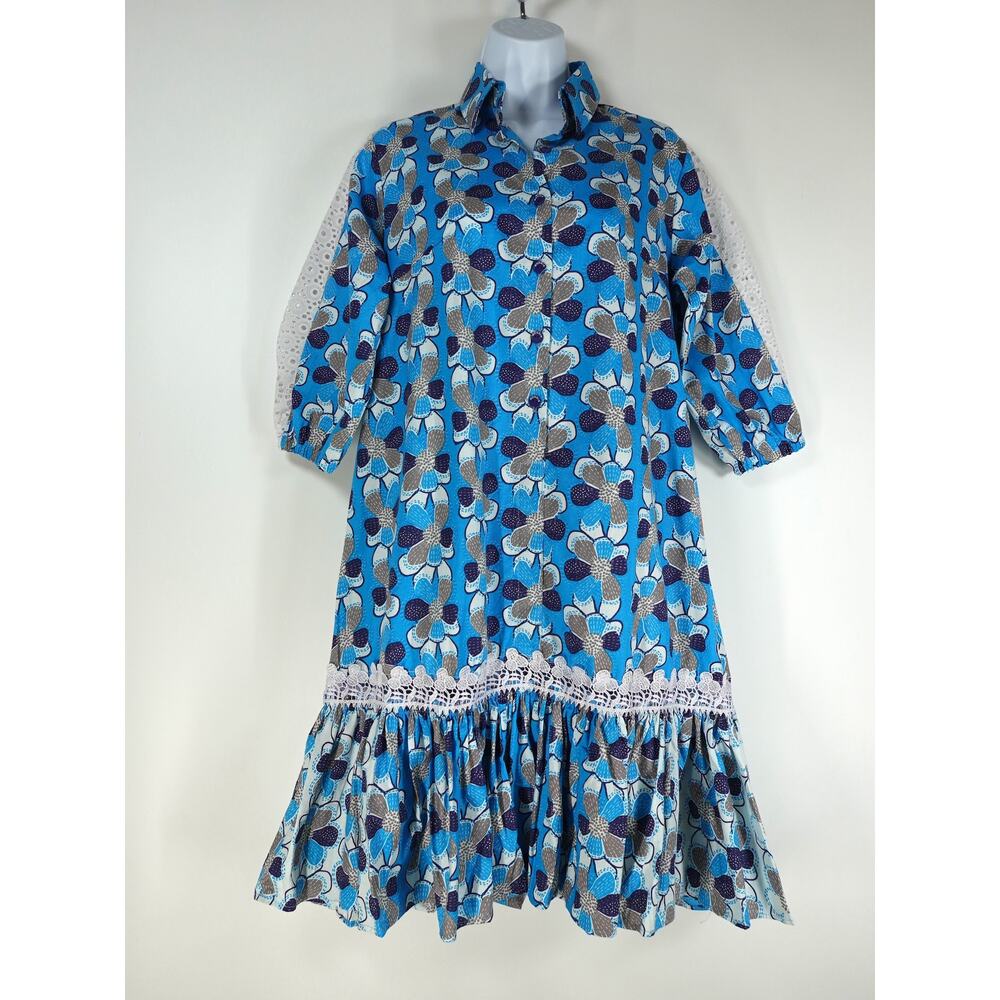 Woodin African Dress Women 10 Floral Arianna Gathered Shirt Blue Ghana NEW